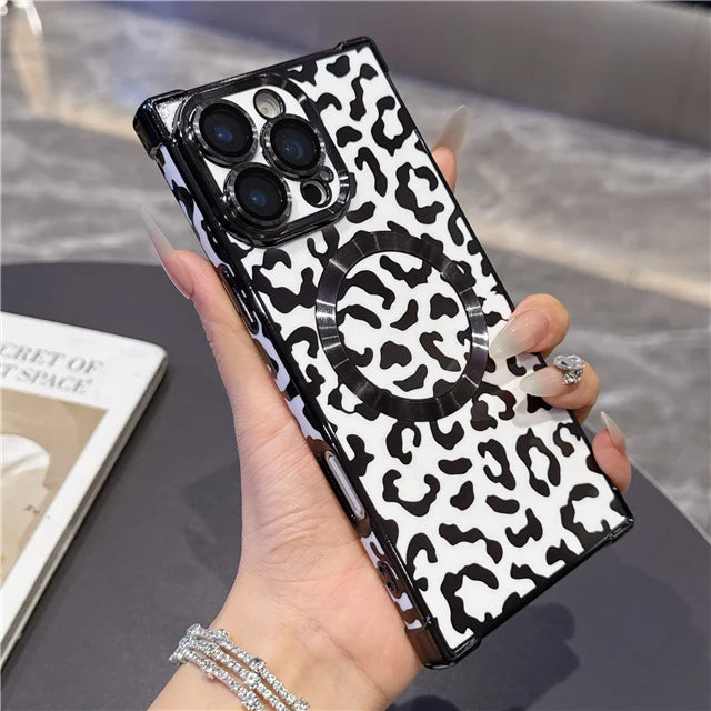 Lyxigt guldskal med leopardmönster och stötskydd för iPhone MagSafe Magnetic 13, 14, 15, 16 Pro Max, Plus, 17 och Air – skyddsfodral
