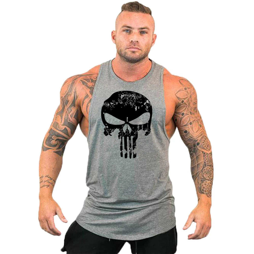 Ny het rea herrlinne med dödskalletryck, andningsbart linne, coolt linne, löpartröja i bomull, bodybuilding-linne, fitness-tröja, ärmlös