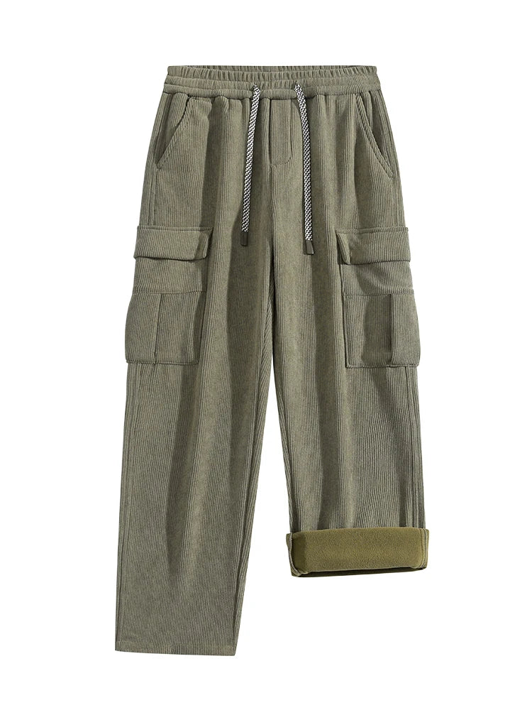 Vinter Corduroy Sweatpants Herr Flerfickor Fleecefoder Stickade Cargobyxor Tjockare Varma Casual Lösa Raka Herrbyxor