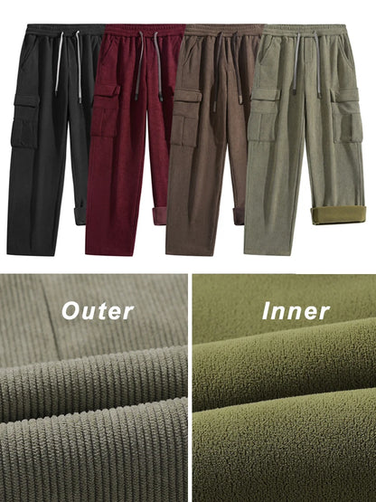 Vinter Corduroy Sweatpants Herr Flerfickor Fleecefoder Stickade Cargobyxor Tjockare Varma Casual Lösa Raka Herrbyxor
