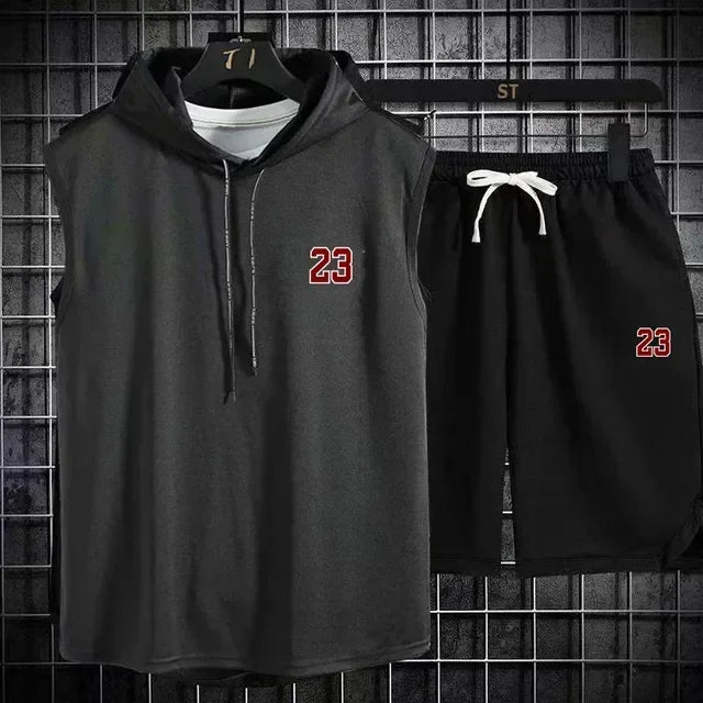 Sommar Nytt Herr Ärmlös Huva T-shirt + shorts Byxor Sport tvådelat set Gym Mode Casual Herr Dam Sport tvådelat set