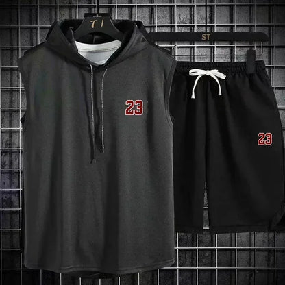 Sommar Nytt Herr Ärmlös Huva T-shirt + shorts Byxor Sport tvådelat set Gym Mode Casual Herr Dam Sport tvådelat set