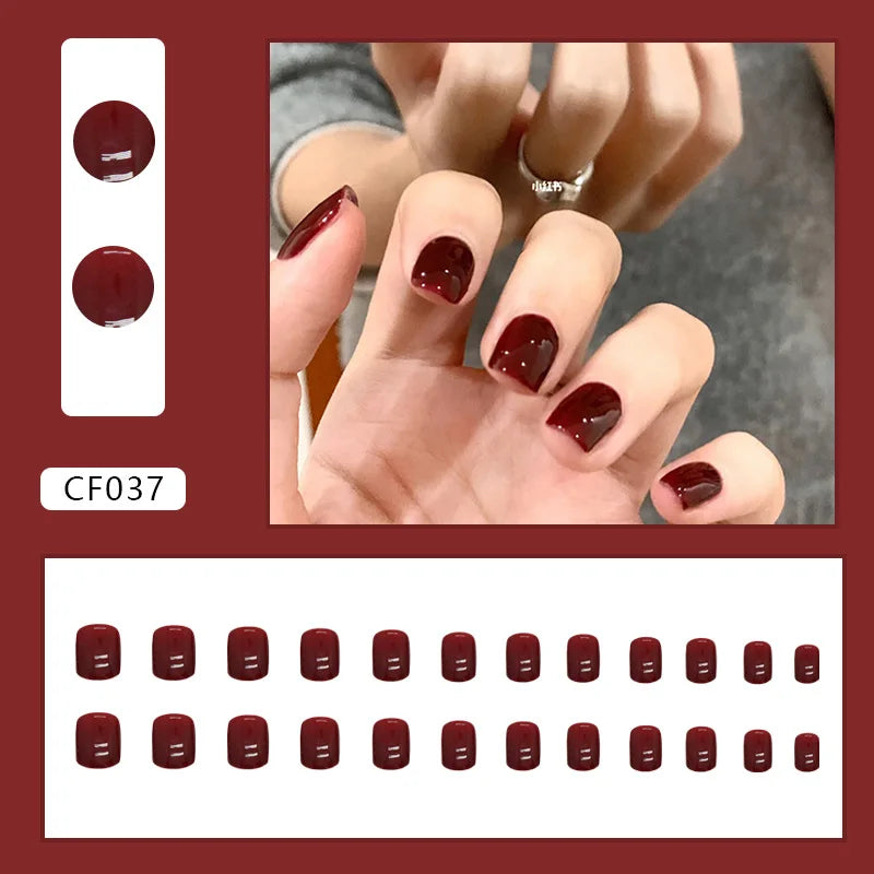 Mörkröd Charm 24 st press-on naglar rosa gradient lösnaglar glansiga konstgjorda fingermanikyr återanvändbara lösnaglar för kvinnor