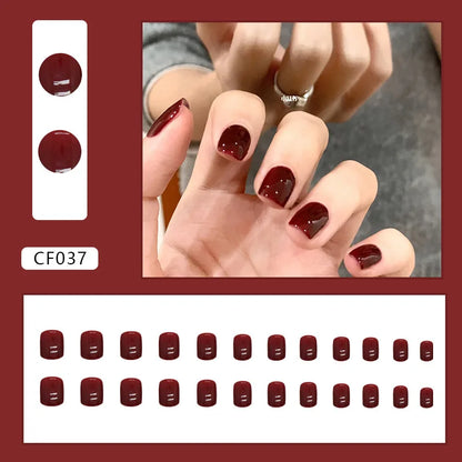 Mörkröd Charm 24 st press-on naglar rosa gradient lösnaglar glansiga konstgjorda fingermanikyr återanvändbara lösnaglar för kvinnor