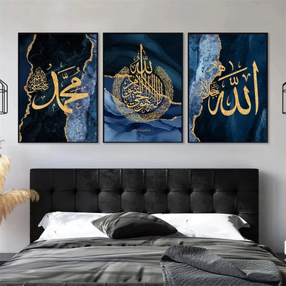 3-delat set med islamisk kalligrafiposters för Eid al-Fitr, blå marmorbakgrund med guldfärgat teckensnitt, ramlös canvas, hemmakontorsinredning