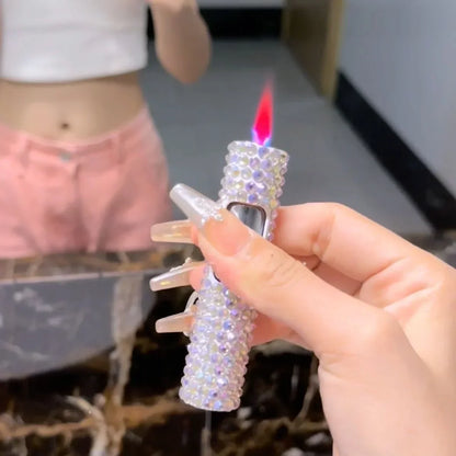 Lyxig mini uppblåsbar tändare med strass, vindtät metall, rosa låga, bärbar tändare för män och kvinnor, små verktyg
