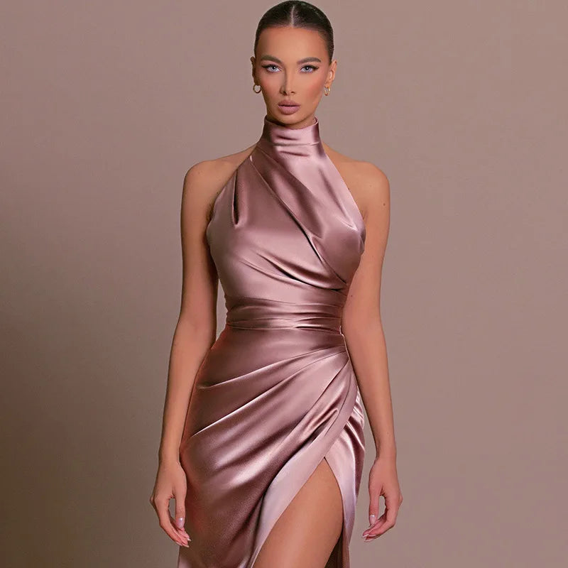 2026 Retro-stil Satin Halter Maxiklänning Elegant Midja Bantande Hög Slits Fest Formella Tillfällen Enfärgad Minimalism Lång Kjol
