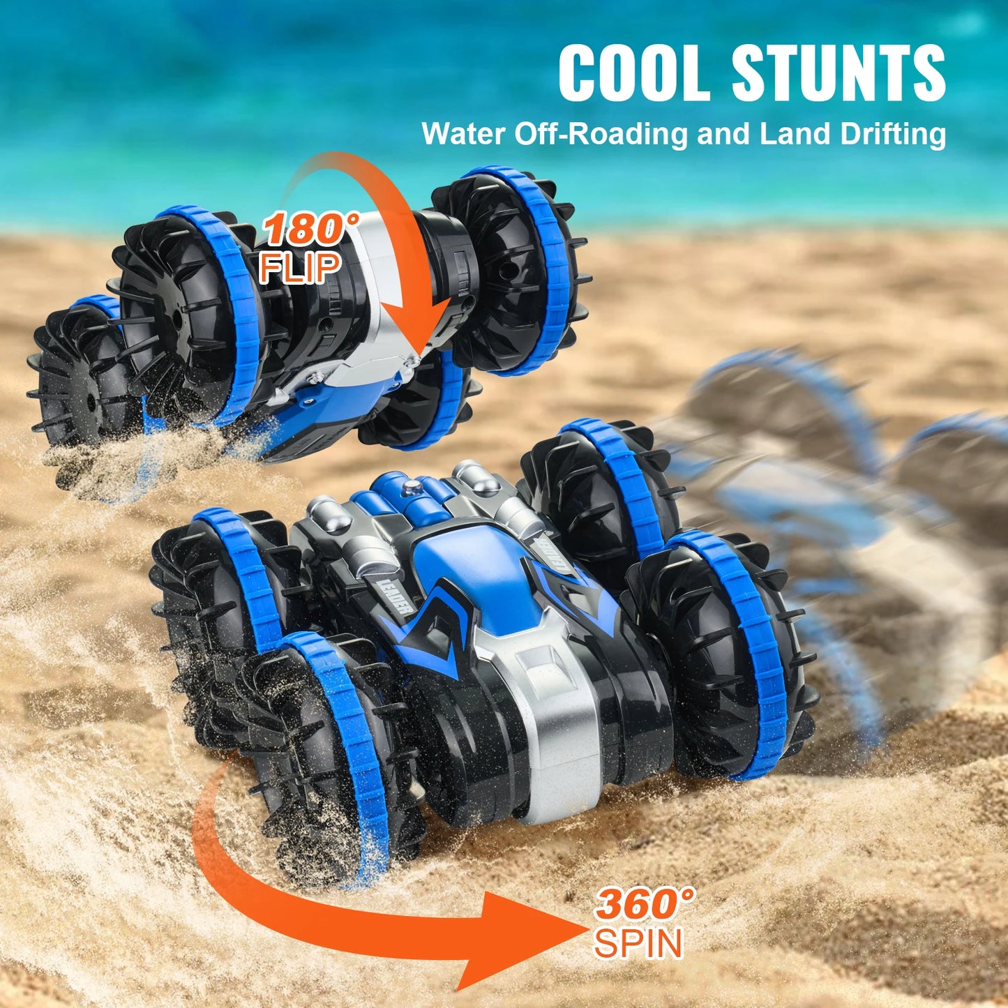 SucceBuy Blå/Gul Amfibisk RC Bil Båt 2.4GHz 12 km/h Elektrisk Fjärrkontroll 360° Roterande Stuntbil Vatten Strand Poolleksaker
