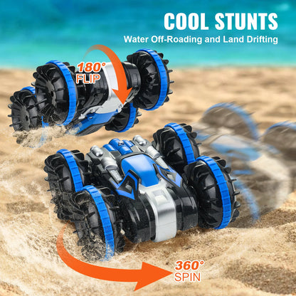 SucceBuy Blå/Gul Amfibisk RC Bil Båt 2.4GHz 12 km/h Elektrisk Fjärrkontroll 360° Roterande Stuntbil Vatten Strand Poolleksaker