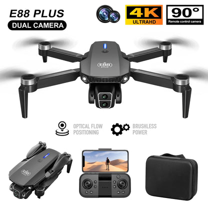 Ny E88 Plus Quadcopter-drönare: 90° elektriskt justerbar kamera, borstlös motor, optisk flödespositioneringsleksak