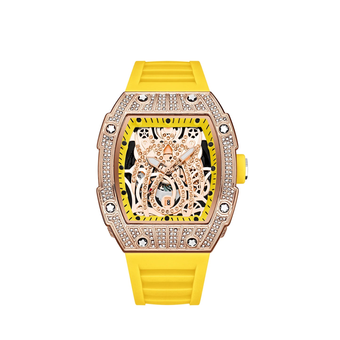Mode Tonneau Hollow Full Diamond Gravyrhuvud Quartz Klocka Herr Lyxig Lysande Vattentät Datum Klockor Herr Stål Herrklocka