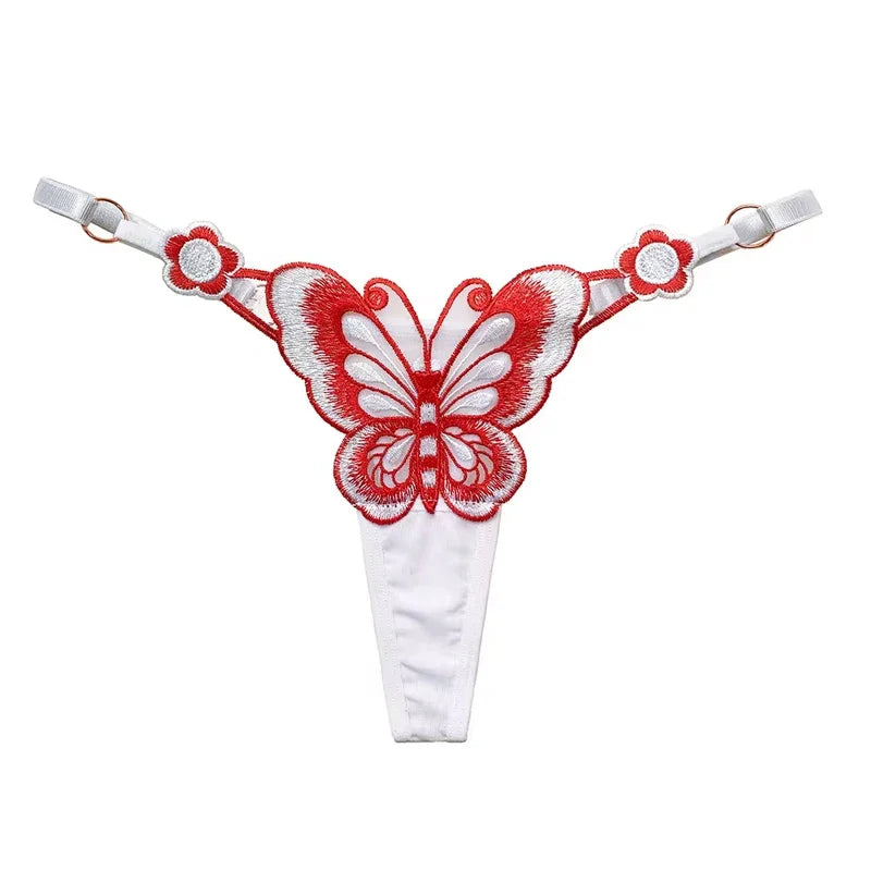 Fjärilsspetsstringtrosor för kvinnor Låg midja G-stringtrosor Transparenta meshtrosor Sexiga broderade trosor Justerbar midja Culotte Femm