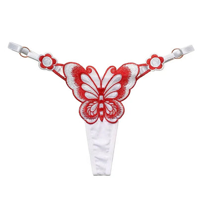Fjärilsspetsstringtrosor för kvinnor Låg midja G-stringtrosor Transparenta meshtrosor Sexiga broderade trosor Justerbar midja Culotte Femm