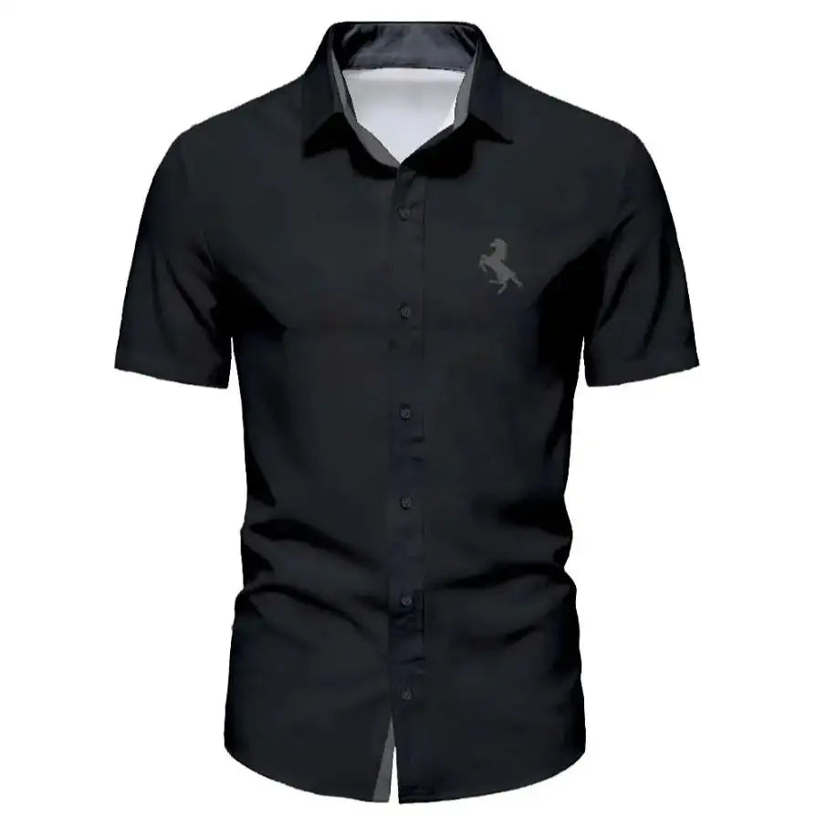 Herr sommar minimalistisk kortärmad skjorta trendig svart hästlogotyp kontrasterande T-shirt herrpresent