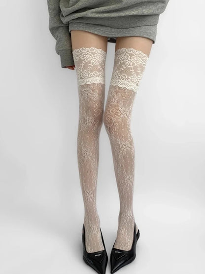 Sexiga nätstrumpor med spetsdetaljer i nylon för kvinnor, retroblommiga, söta mesh-strumpor, andningsbara, lårhöga, långa strumpor, JK-strumpor över knäet