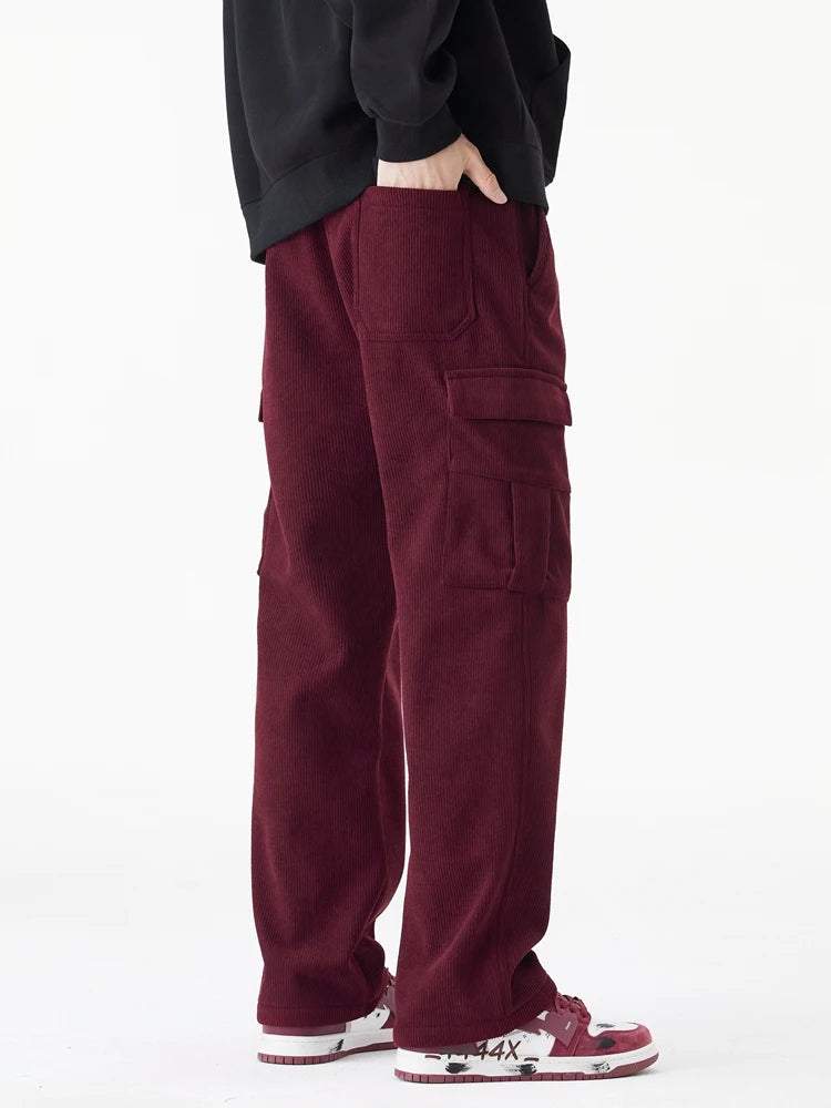 Vinter Corduroy Sweatpants Herr Flerfickor Fleecefoder Stickade Cargobyxor Tjockare Varma Casual Lösa Raka Herrbyxor
