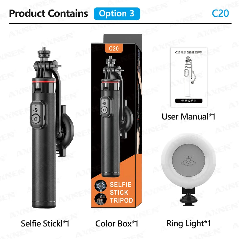 AXNEN C20 Magnetisk Selfie-Stativ Utdragbart För Mobiltelefonfotografering Med Fjärrkontroll 1/4" Gänga För Actionkamera Ringlampa