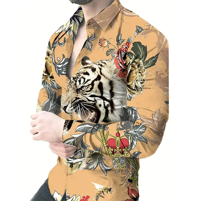 Långärmade skjortor med tigertryck för män, 3D-tryck med djurmotiv, casual skjorta med knappar, slim fit, plus size-skjorta