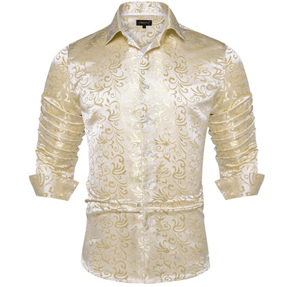 2026 Lyxig Herrskjorta Formell Bal Smoking Långärmad Siden Polyester Gyllene Färg Paisley Svarta Skjortor Blus Herrkläder