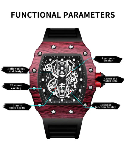 BINBOND Märke Herrklocka Domineering Barrel Watch Böjd Spegel Ihålig Yta Sport Herrklocka Silikon Quartz Armbandsur B8577