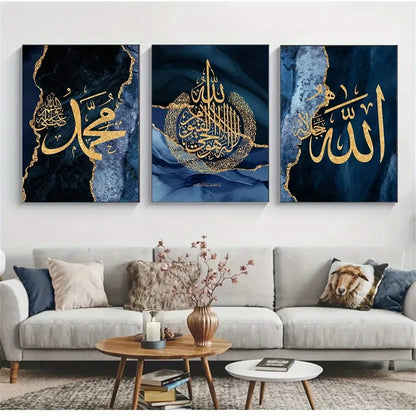 3-delat set med islamisk kalligrafiposters för Eid al-Fitr, blå marmorbakgrund med guldfärgat teckensnitt, ramlös canvas, hemmakontorsinredning