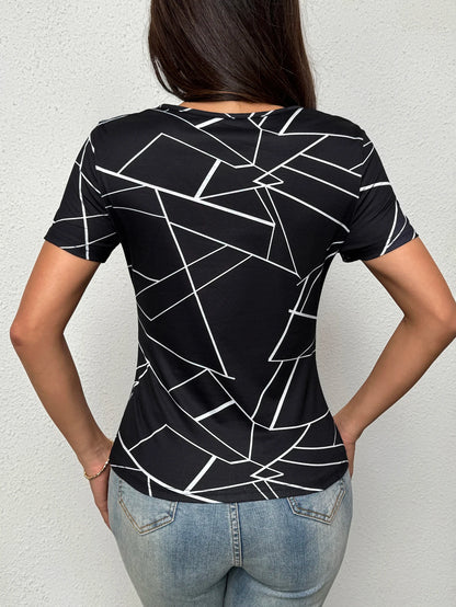Womens T Shirt Geometric Print Cutout Short Sleeve T Shirt Printed Top Fitted Casual Chic Apparel Tops Spring Summer Daily Shirt