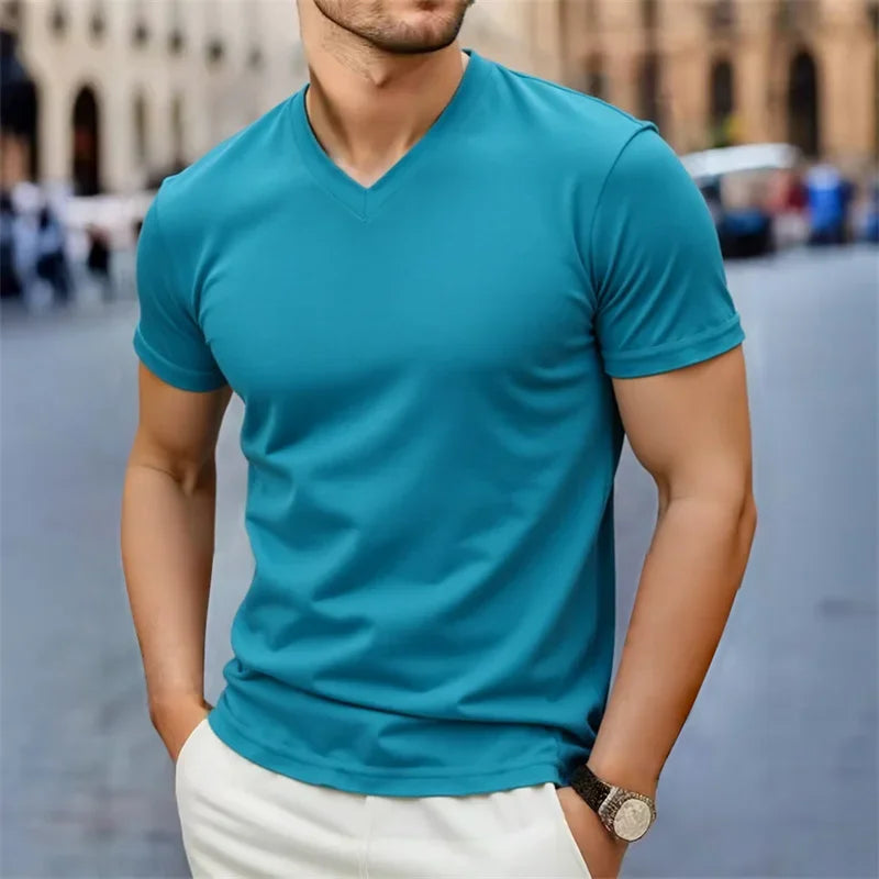 2025 Ny Herr Casual Mode Enkel V-ringad Kortärmad T-shirt Sommar Bekväm Andningsbar Mångsidig Topp