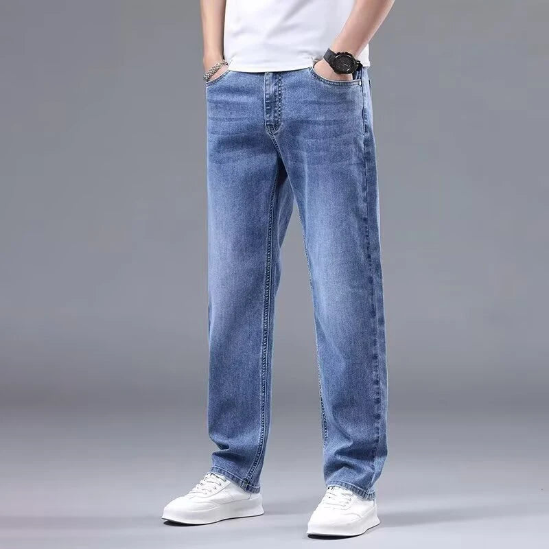 Vår Höst Herr Baggy Hög Midja Jeans Herrmode Casual Plus Size Byxor Klassiska Stretchiga Raka Ben Denimbyxor