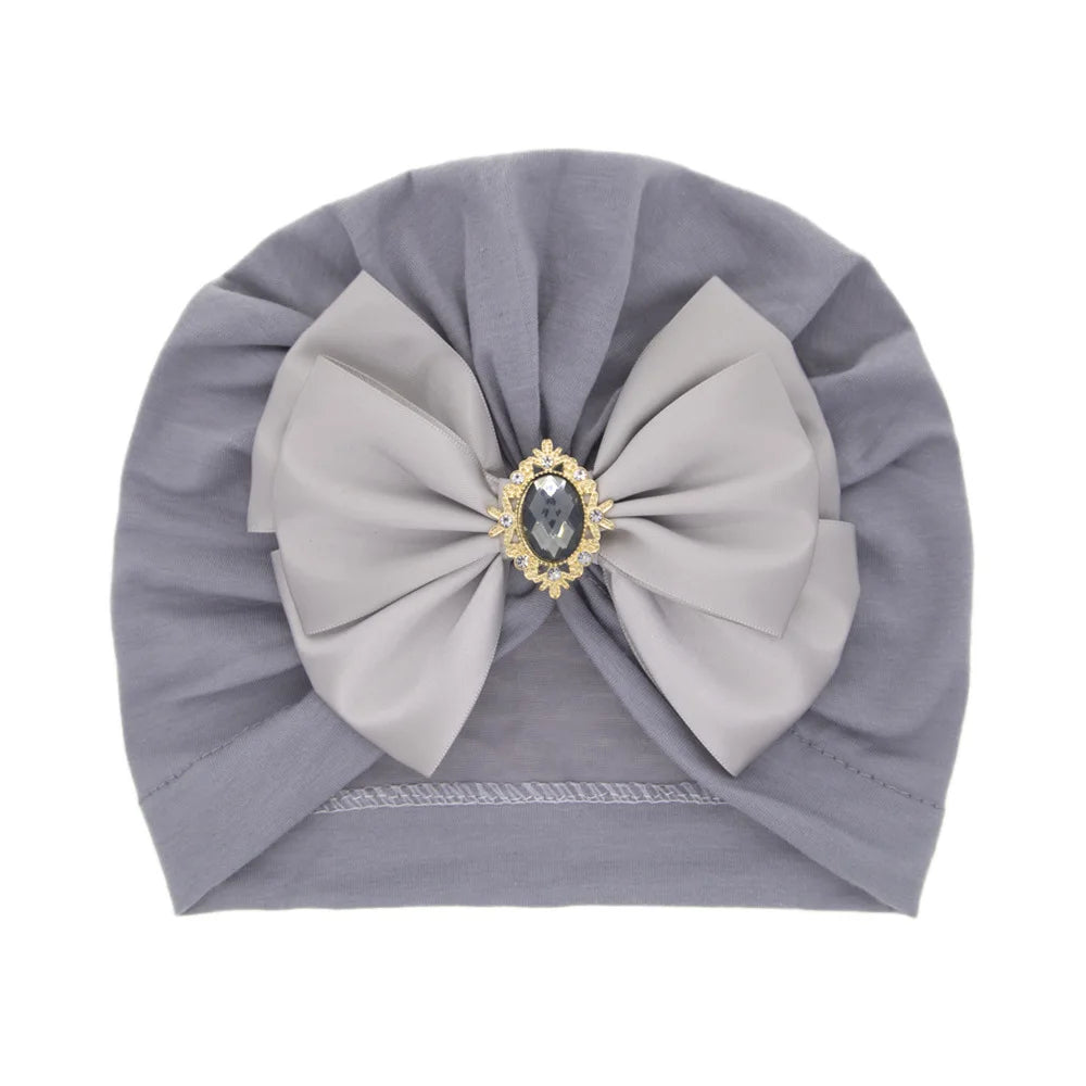 Enfärgad Baby Turban Rosett Bling Strass Spädbarnsmössor Flicka Mössa Mode Handgjord Band Rosett Indisk Mössa Mjuk Huva 0-2År