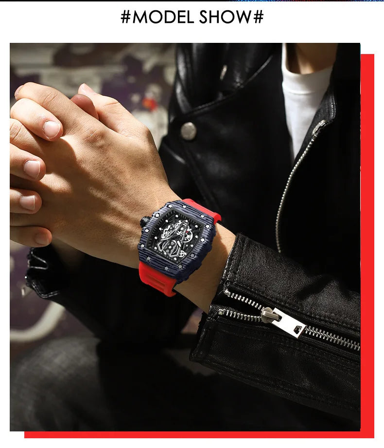 BINBOND Märke Herrklocka Domineering Barrel Watch Böjd Spegel Ihålig Yta Sport Herrklocka Silikon Quartz Armbandsur B8577