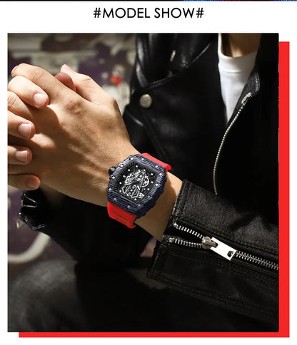BINBOND Märke Herrklocka Domineering Barrel Watch Böjd Spegel Ihålig Yta Sport Herrklocka Silikon Quartz Armbandsur B8577