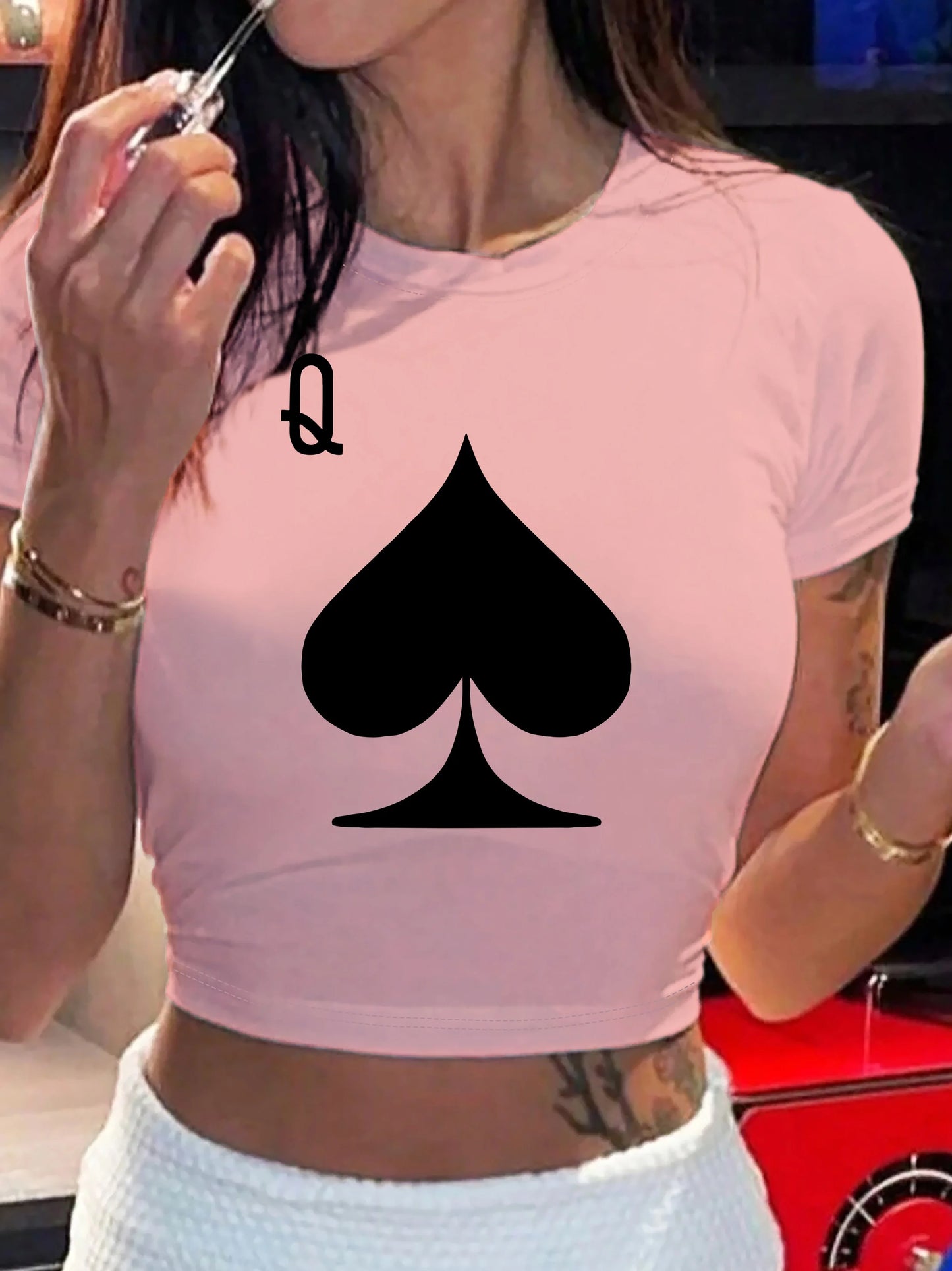Dam Kortärmad T-shirt med elastisk rund hals Vår/Sommar Casual Mode Trendig Topp Vårstil