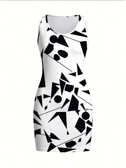 Damklänning med geometriskt mönster, ärmlös minikjol, rund hals, sommar, casual, elegant, bekväm, tryckt, mode