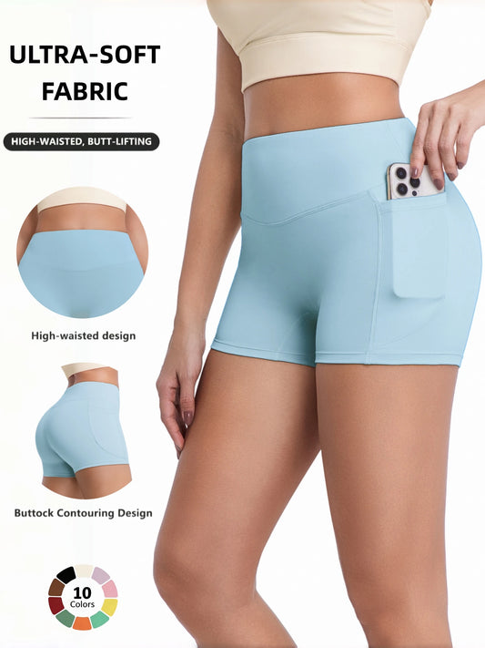 Yogashorts med hög midja och fickor för kvinnor, 7,5 cm mjuka biker-shorts med naken känsla, magkontroll och rumplyftande träning