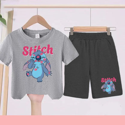 Disney Casual Children's Fashion Set T-shirt+ Shorts 2 Piece Stitch  Print  Boys Girls 3-12 Years Sports Coat Trend Party Sets