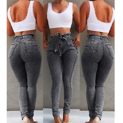 Damkläder Jeans Slim Stretchiga Tofsbälte Jeans med Hög Midja Denimbyxor Skinny Ankellånga Blekta
