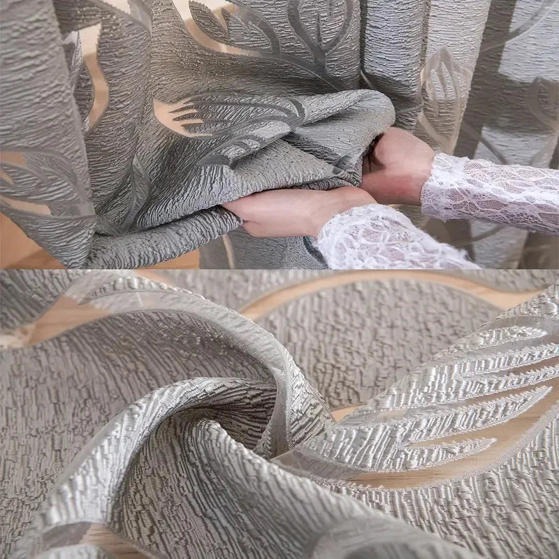 Enkel grå broderi ihålig löv transparent gardinstång fickgardin vardagsrum kontor heminredning trädgård bröllopsfest