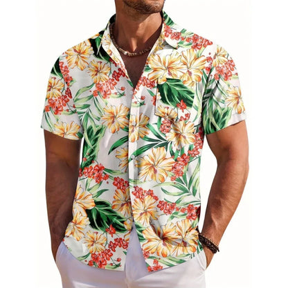 Herrskjorta med kort ärm, Hawaiiskjorta med botaniskt blommönster, slag, strandskjorta, topp, casual, moderiktiga skjortor