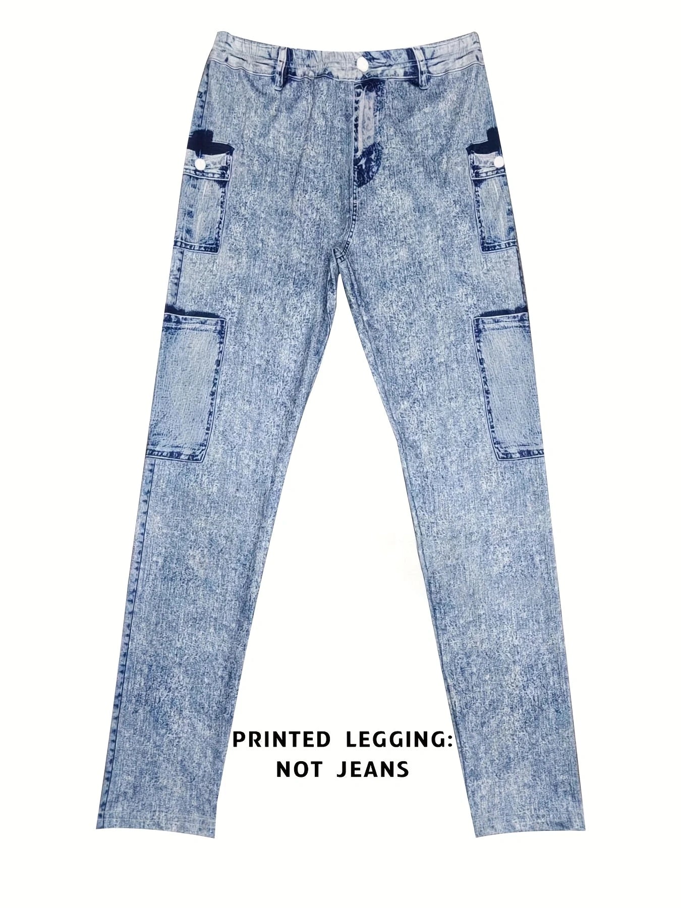 Modetryckta faux denim skinny byxor, hög midja elastisk höftlyftande magkontroll ytterkläder långa leggings
