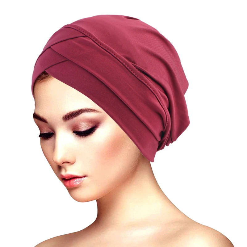 Ny klassisk pannkorsad turbanhatt elegant enfärgad huvudbonad huvudduk andningsbar elastisk mössa muslimsk kemohatt