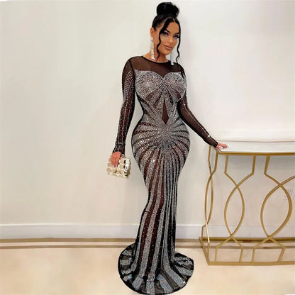 Lyxig glittrande kristall strass sjöjungfru aftonklänning för kvinnor festklänning nattklubb mesh transparent bodycon maxiklänning elegant