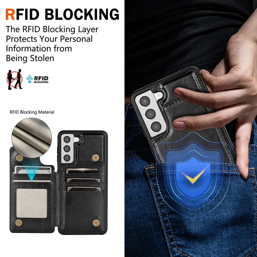 Plånbok RFID-blockerande lager skyddande stöldskyddande magnetiskt läderfodral för Samsung Galaxy A15 A16 A17 A26 A35 A36 A53 A54 A55 A56