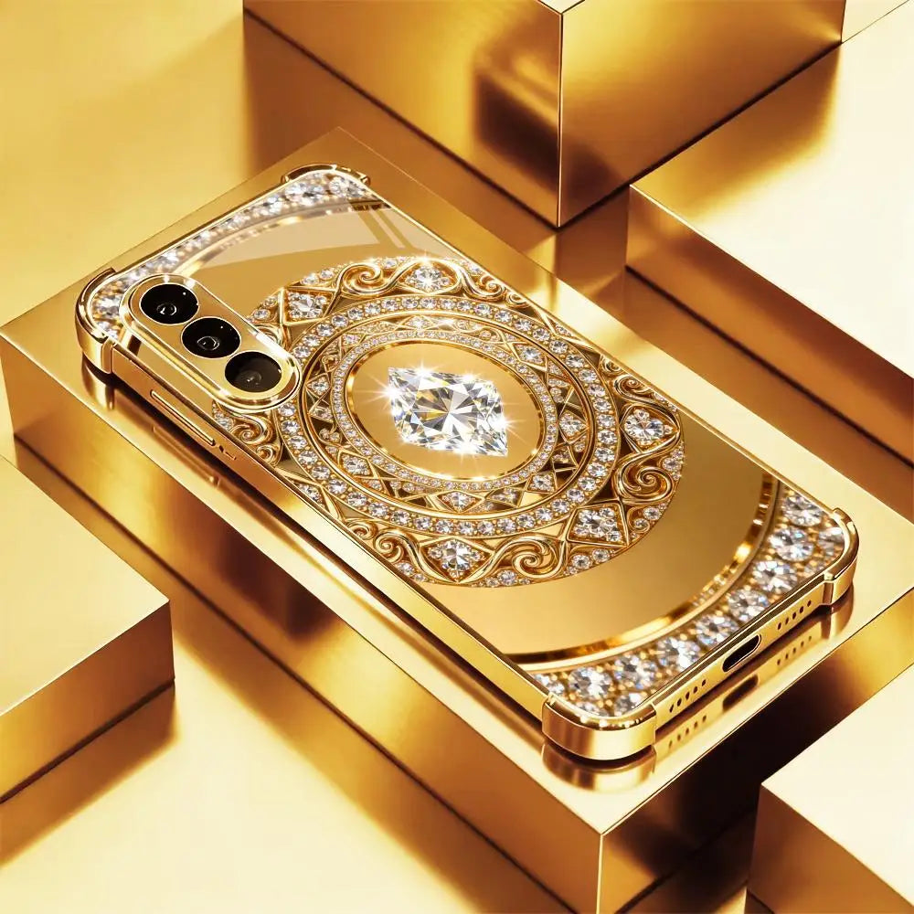 Elegant guldspegelfodral med diamantmönster för Samsung Galaxy S26, S25, S24, S23, S22 FE, Ultra och Plus