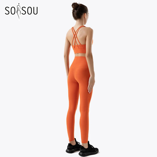 SOISOU Nylon Yogakläder Gym Fitness Leggings Sport BH Shorts Set Hög Midja Elastisk Damkläder 3 Typer 12 Färger