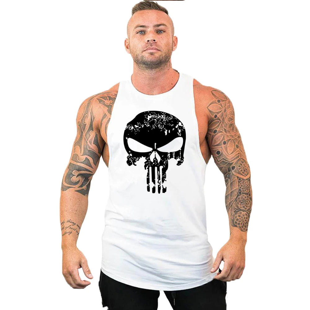 Ny het rea herrlinne med dödskalletryck, andningsbart linne, coolt linne, löpartröja i bomull, bodybuilding-linne, fitness-tröja, ärmlös