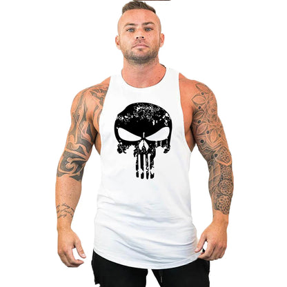 Ny het rea herrlinne med dödskalletryck, andningsbart linne, coolt linne, löpartröja i bomull, bodybuilding-linne, fitness-tröja, ärmlös