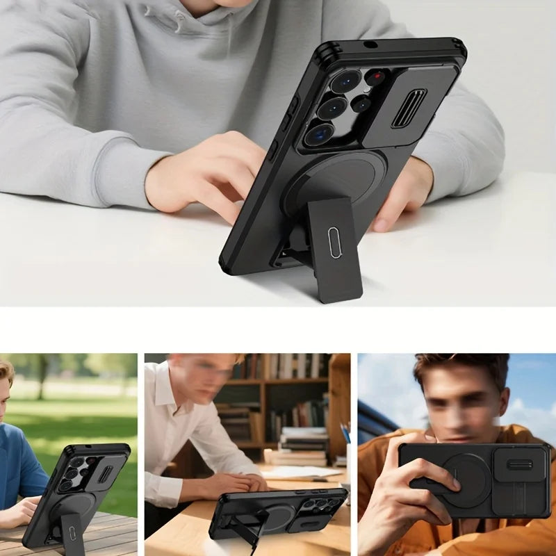 Kameraskydd Magnetiskt Stativhållare Skal för Samsung S26 S25 S24 Plus S25FE S23 Ultra A57 A56 A55 A36 A16 Stötsäkert Skal