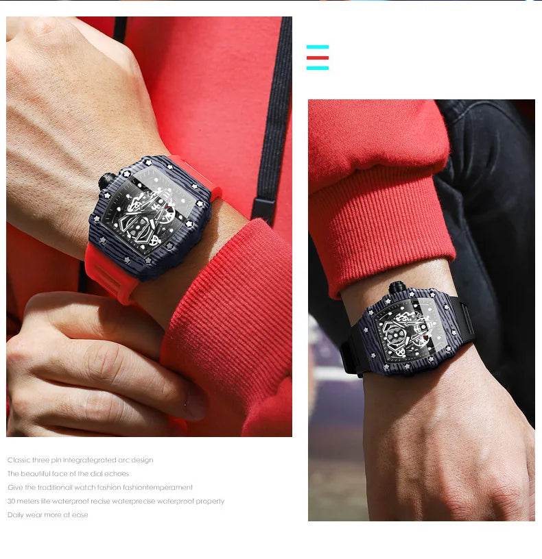 BINBOND Märke Herrklocka Domineering Barrel Watch Böjd Spegel Ihålig Yta Sport Herrklocka Silikon Quartz Armbandsur B8577