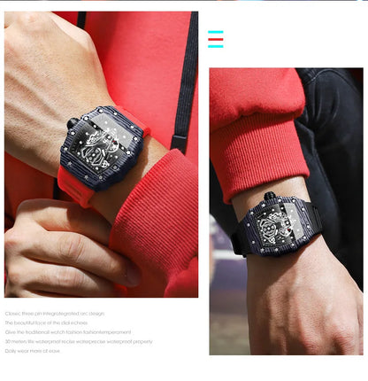 BINBOND Märke Herrklocka Domineering Barrel Watch Böjd Spegel Ihålig Yta Sport Herrklocka Silikon Quartz Armbandsur B8577
