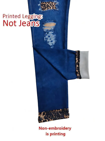 Moderiktiga skinny byxor med konstjeanstryck för kvinnor, högelastiska sömlösa leggings med fuskfickor, sportleggings i hellång längd